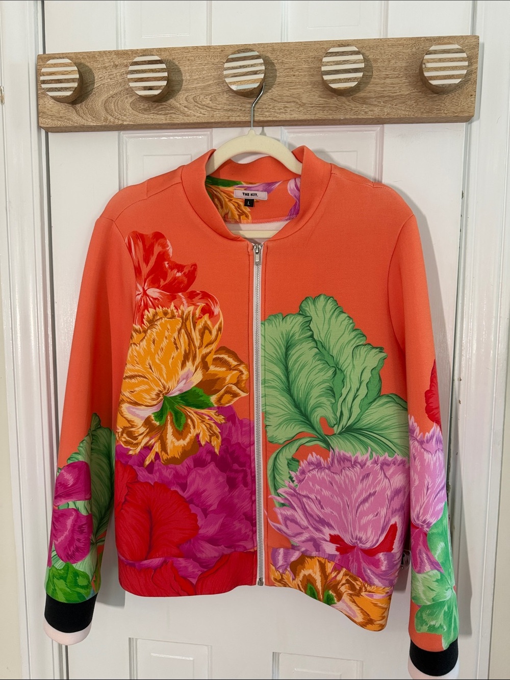 The Kit Bomber Cardigan Multi Iris Floral Zip Up Coral Size L | Retails $108